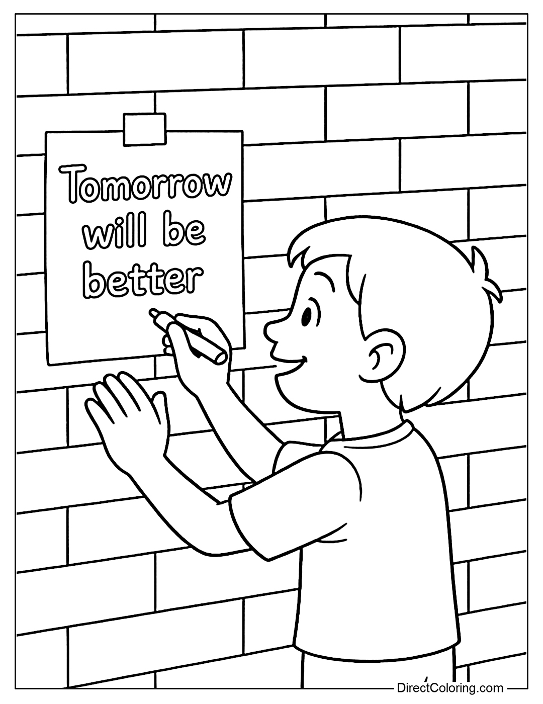 A coloring page of a child writing the sentence 